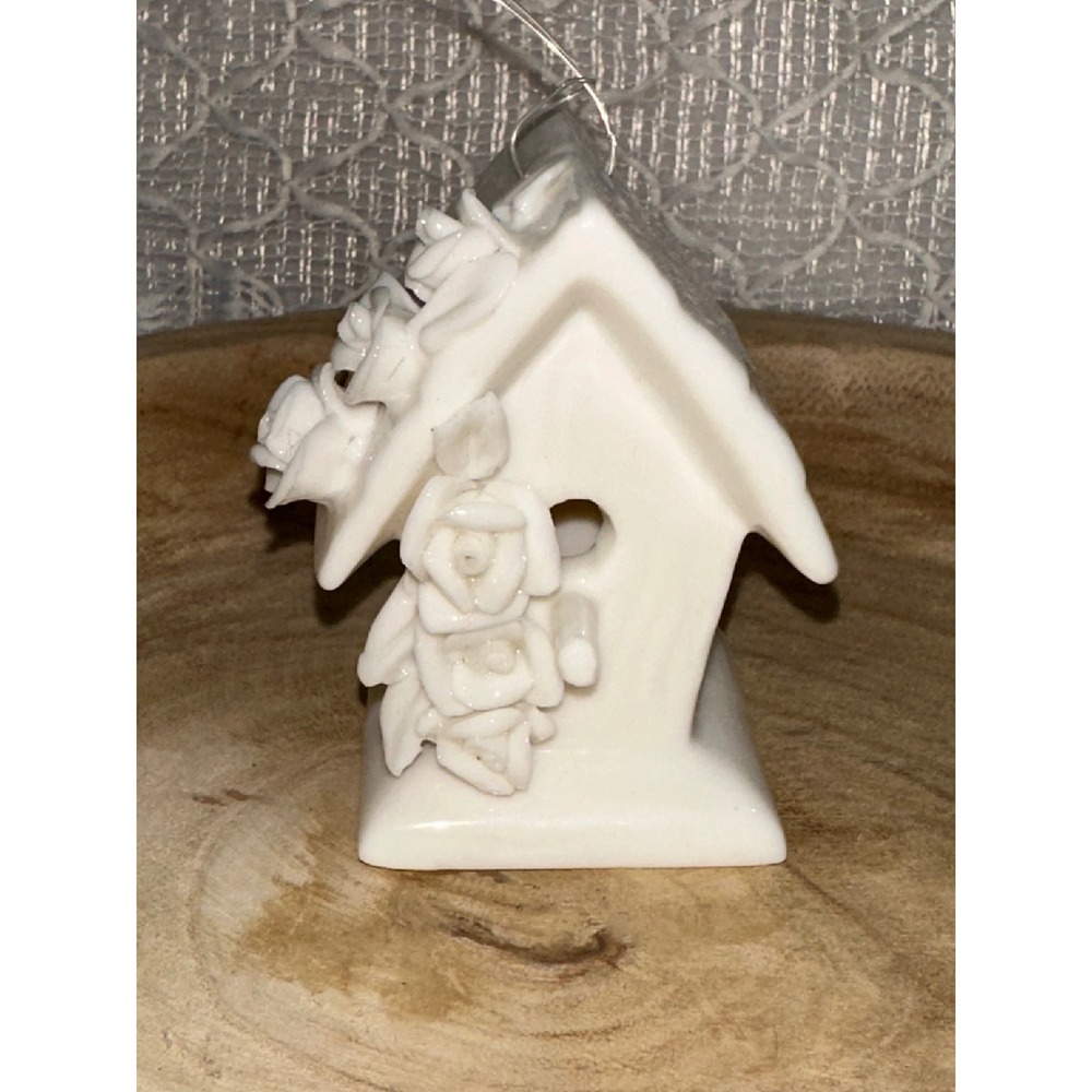 White Ceramic Birdhouse Ornament Rose Floral Design Hanging Accent